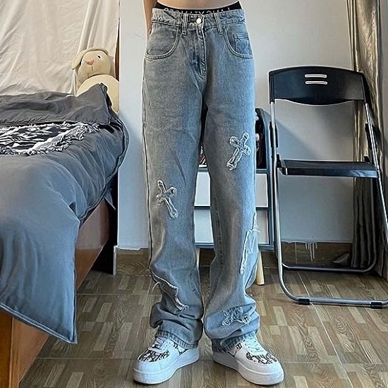 Men's Jeans Crossbody Patch Jeans Men's Loose Jeans Distressed Men's Jeans